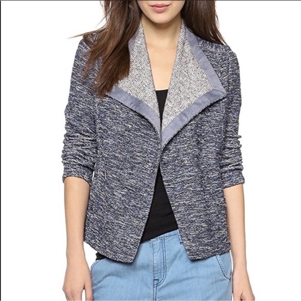 Vince Women’s Blue Cascade Draped Open Front Cotton-Blend Tweed Jacket Size : XS